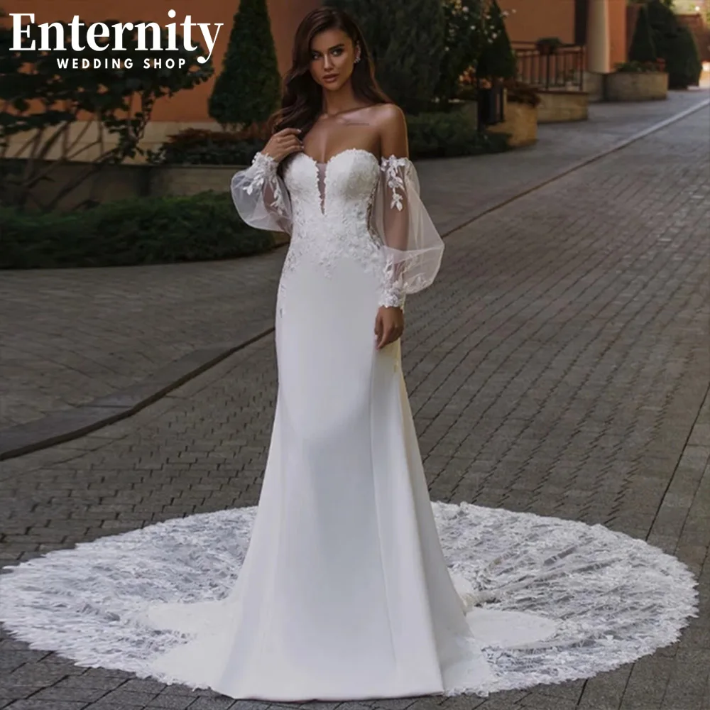 

Remarkbale Sweetheart Mermaid Wedding Dress Lace Appliques Long Puffy Sleeves Bridal Gown Illusion Back Vestidos De Novia