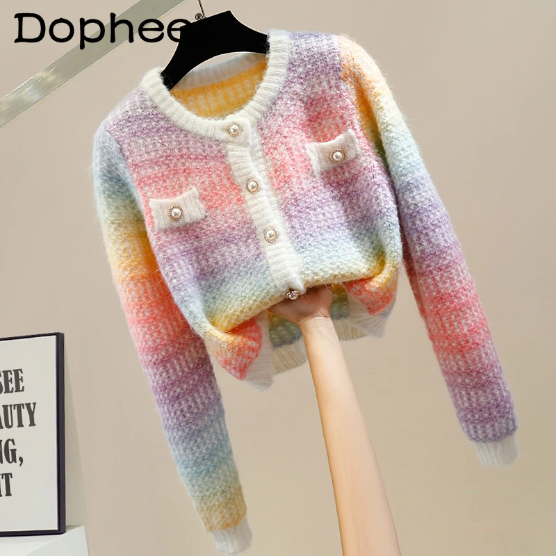 Rainbow Colorful Cardigan for Women Fashion Color Contrast Stitching Faux Pocket Round Neck Single-Breasted Short Knitwear Fall
Rainbow Colorful Cardigan for Women Fashion Color Contrast Stitching Faux Pocket Round Neck Single-Breasted Short Knitwear Fall