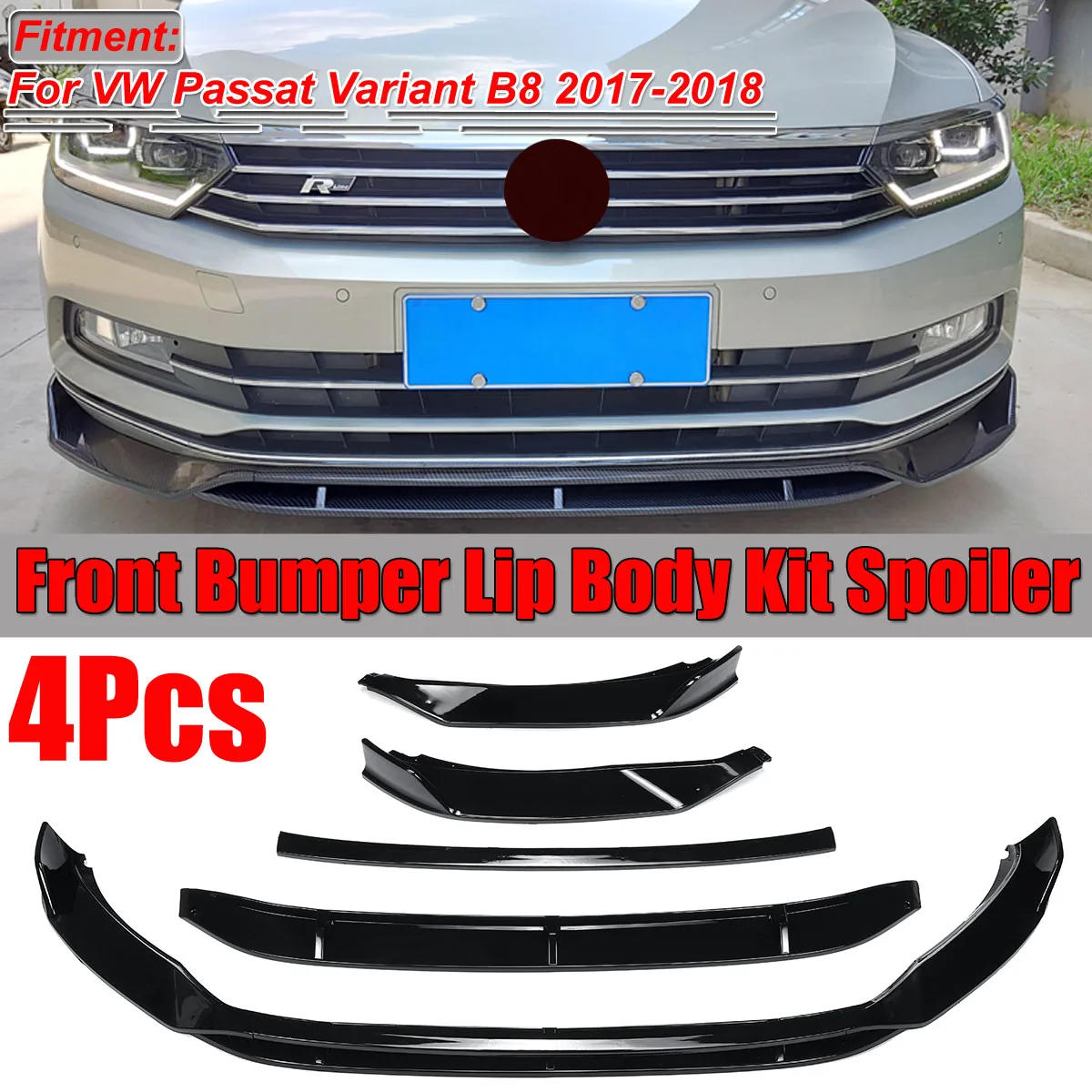 

4Pcs Carbon Fiber Look / Black Car Front Bumper Splitter Lip Spoiler Diffuser Cover Protector For VW Passat Variant B8 2017-2018
