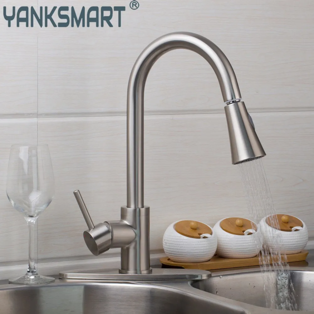 YANKSMART Pull Out Sprayer Kitchen Faucet Brushed Nickel Single Handle Basin Sink Faucet Brass With Cover Plate Mixer Water Tap 
YANKSMART Pull Out Sprayer Kitchen Faucet Brushed Nickel Single Handle Basin Sink Faucet Brass With Cover Plate Mixer Water Tap
