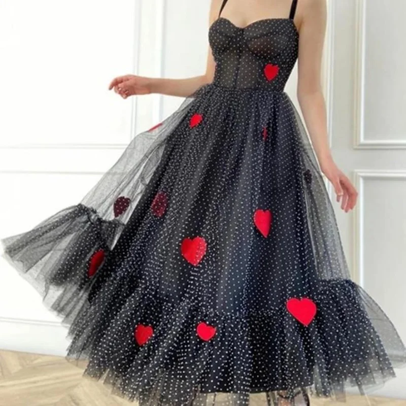 Women Summer Black Sexy Strap Shoulder Fairy Dress Woman Dot Tulle Red Heart Print Mesh Dress French Sleevess Pleated Long Dress
Women Summer Black Sexy Strap Shoulder Fairy Dress Woman Dot Tulle Red Heart Print Mesh Dress French Sleevess Pleated Long Dress