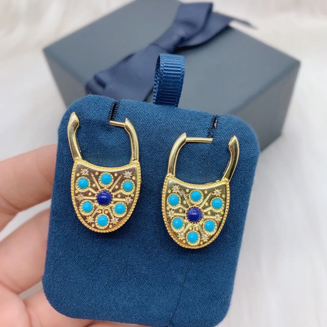

Classical Roman Style Blue Padlock Handmade Inlaid with Colorful Gemstones Novel Classical Circle Earrings Female