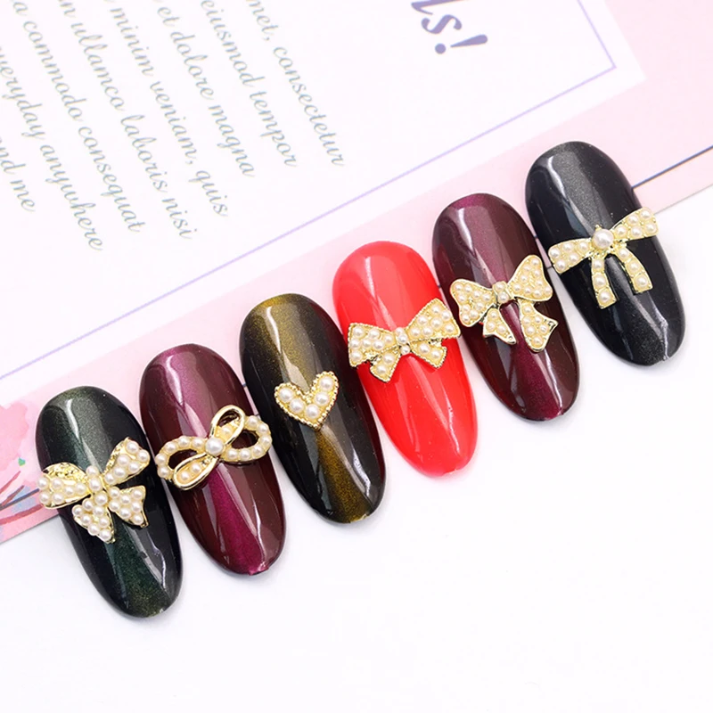 

10pcs Nail Art Pearls Jewelry Butterflys Bowknots With Gold Silver Alloy For Nail Tips Beauty