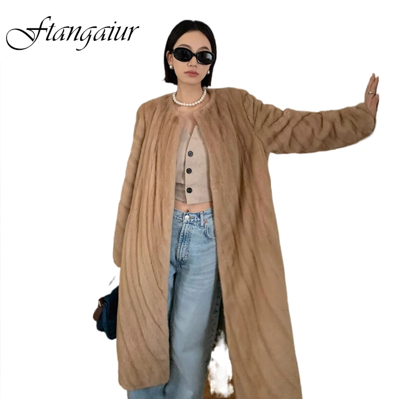 

Зимнее пальто Ftangaiur для женщин, импортное бархатное пальто из меха норки, женское однотонное пальто с длинным рукавом и круглым вырезом из натурального меха норки, длинные пальто