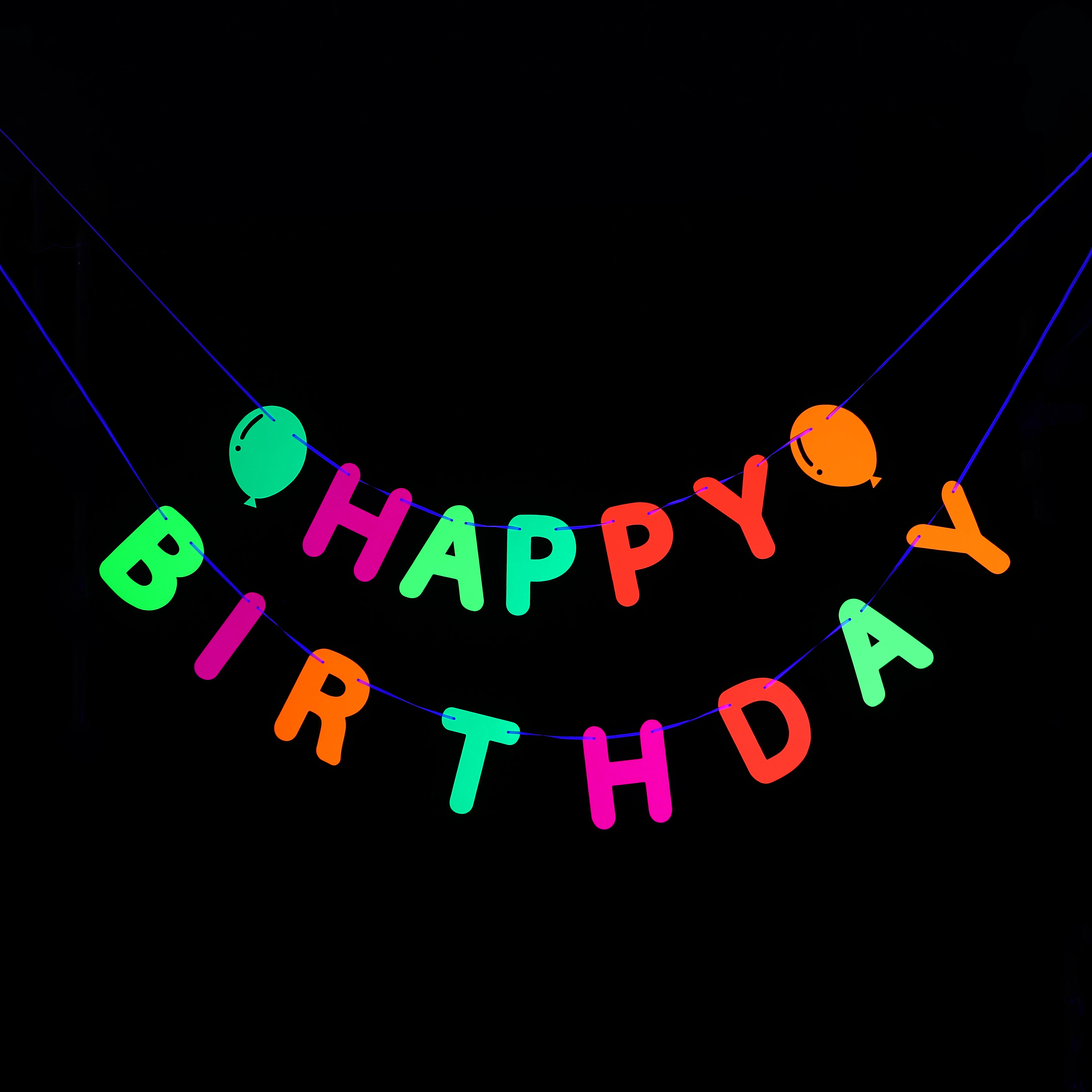 

Happy Birthday Banner UV Black Light Reactive Streamers Paper Garland Glow Neon Party Supplies for 80s 90s Themed Birthday Party