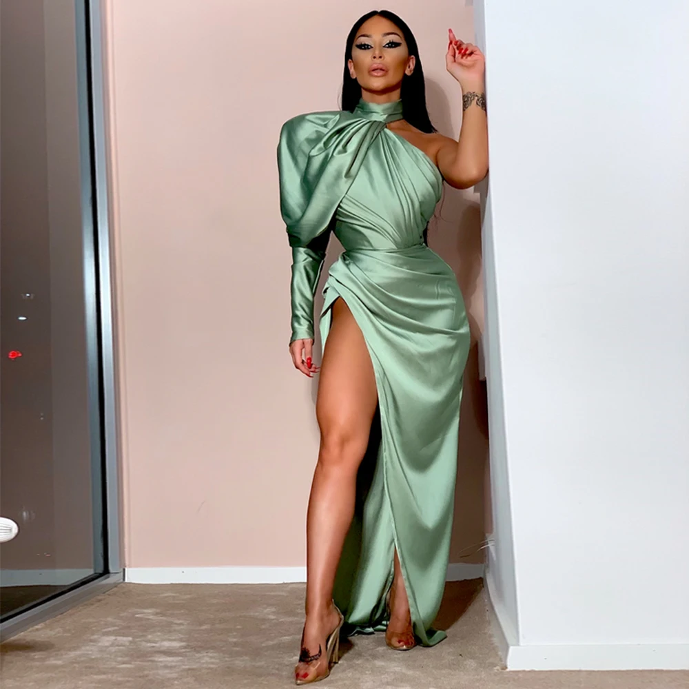 Modern Evening Dress High Collar Pleated One Shoulder Sexy Green Prom Dress Side High Slit Gorgeous Mermaid Evening Gowns 2022
Modern Evening Dress High Collar Pleated One Shoulder Sexy Green Prom Dress Side High Slit Gorgeous Mermaid Evening Gowns 2022