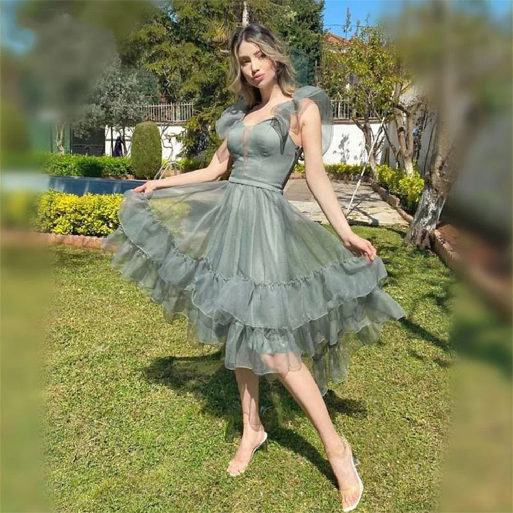 Grey Green Ruffled Spaghetti Straps Organza Short Prom Dress A Line Backless Formal Evening Gown vestidos de novia
Grey Green Ruffled Spaghetti Straps Organza Short Prom Dress A Line Backless Formal Evening Gown vestidos de novia
