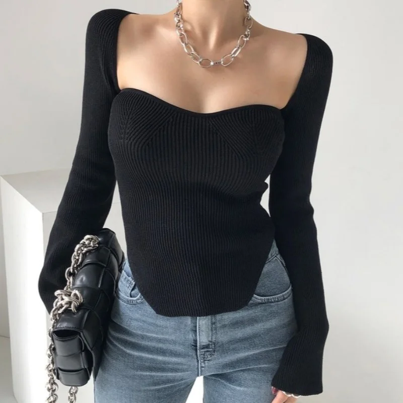 Women French Black Irregular Knitting Sweater Square Neck Long Sleeves Casual Korean Fashion Self Cultivation Ladies Tops Autumn
Women French Black Irregular Knitting Sweater Square Neck Long Sleeves Casual Korean Fashion Self Cultivation Ladies Tops Autumn