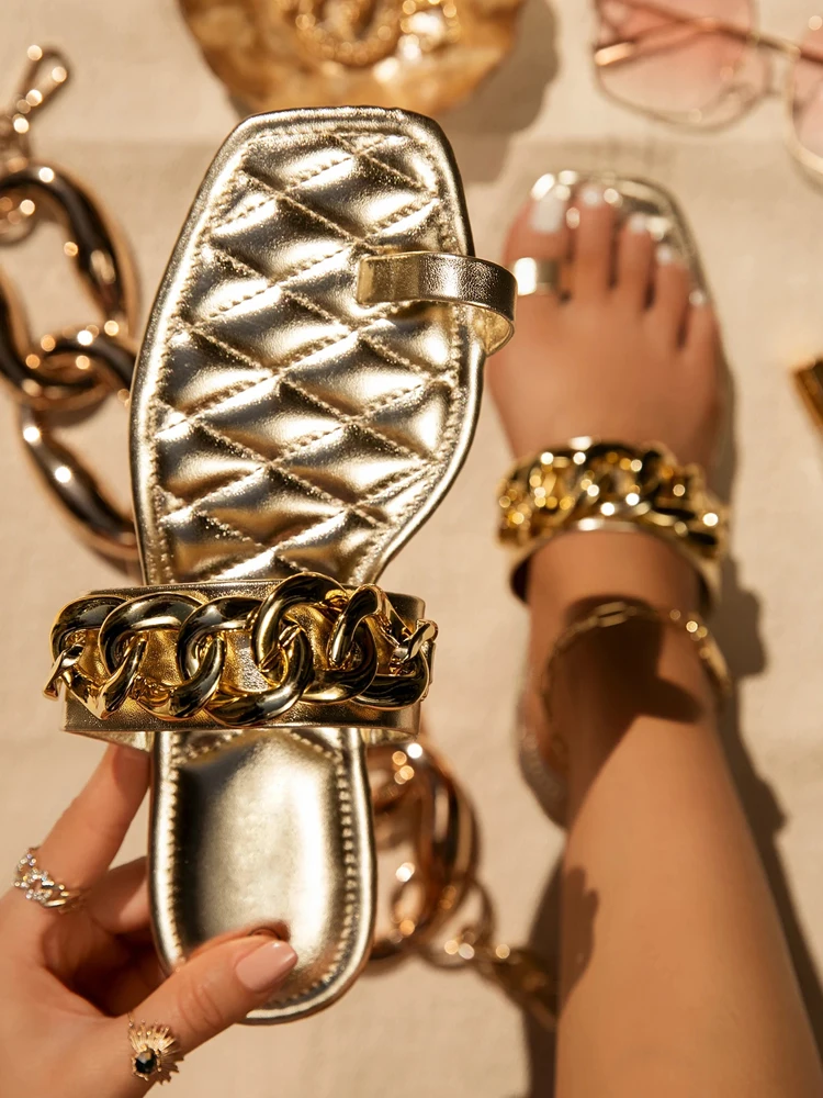 Women Summer 2022 Sandals Slipper Metal Decoration Gold Color Luxury Slides Woman Flip Flops Casual Square Heel Female Sandal
Women Summer 2022 Sandals Slipper Metal Decoration Gold Color Luxury Slides Woman Flip Flops Casual Square Heel Female Sandal