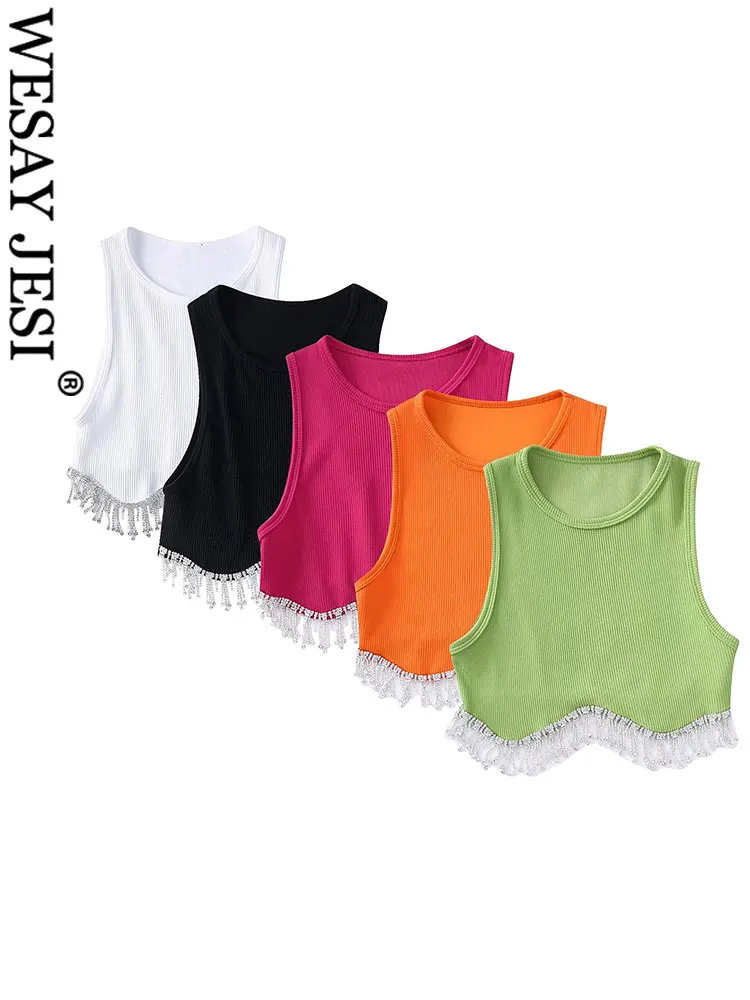 WESAY JESI Summer Women Sleeveless Slim Vest Solid Black White Knitted Soft Fabric Hem With Drill Tassel Ultrashort Tank Top
WESAY JESI Summer Women Sleeveless Slim Vest Solid Black White Knitted Soft Fabric Hem With Drill Tassel Ultrashort Tank Top