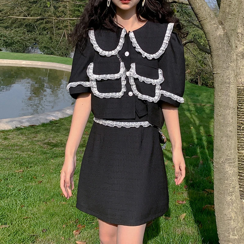 Summer Elegant Women Skirt Sets Office Lady Outifits Short Sleeve Black Crop Top And A Line Skirts Korean Fashion Sweet Suit
Summer Elegant Women Skirt Sets Office Lady Outifits Short Sleeve Black Crop Top And A Line Skirts Korean Fashion Sweet Suit