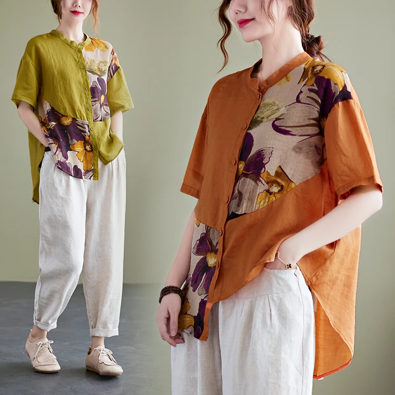 Fashion Asymmetric Printed Shirt Women's Cotton Linen Wide Panasonic Irregular Top Summer
Fashion Asymmetric Printed Shirt Women's Cotton Linen Wide Panasonic Irregular Top Summer