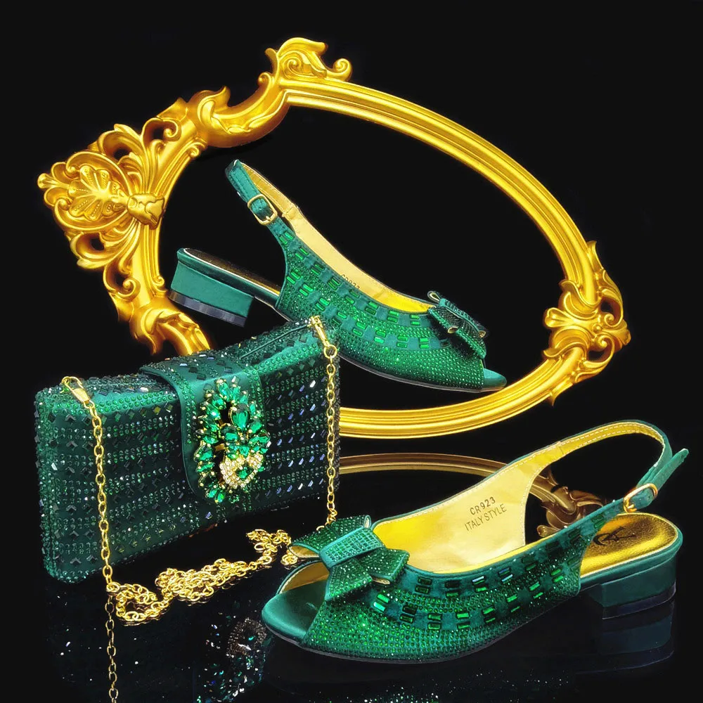 

2022 Newest Fashion Nigerian Green Peep Toe Shoes and Bag Set Decorated With Crystal Flower Sandal For Wedding Ladies Party