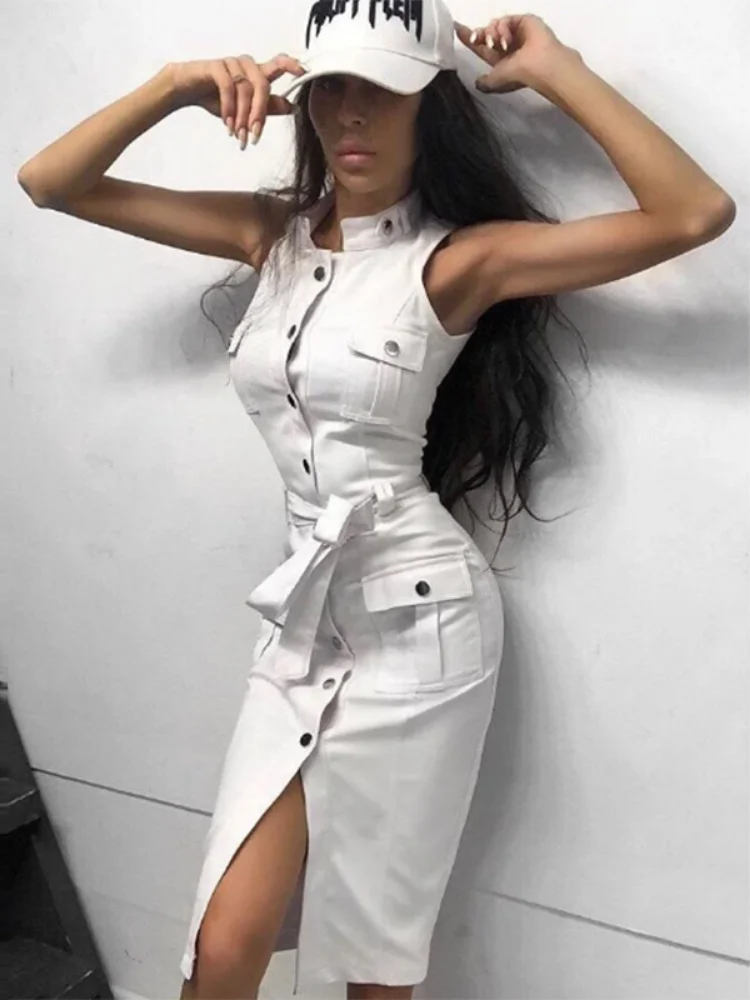 Women Rivet Straight Knee Dress Summer Stand Collar Pockets Sashes Party Dress 2022 Sexy Sleeveless High Street Bodycon Dresses
Women Rivet Straight Knee Dress Summer Stand Collar Pockets Sashes Party Dress 2022 Sexy Sleeveless High Street Bodycon Dresses
