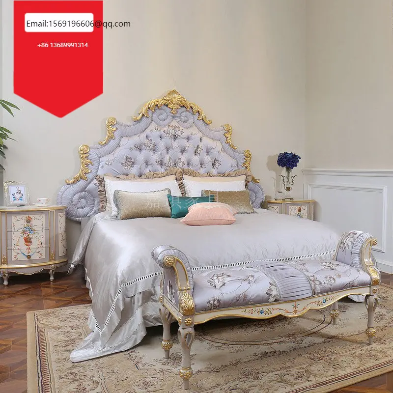 

Custom-made European luxury solid wood bed French court villa double cloth bed log carved wedding bed