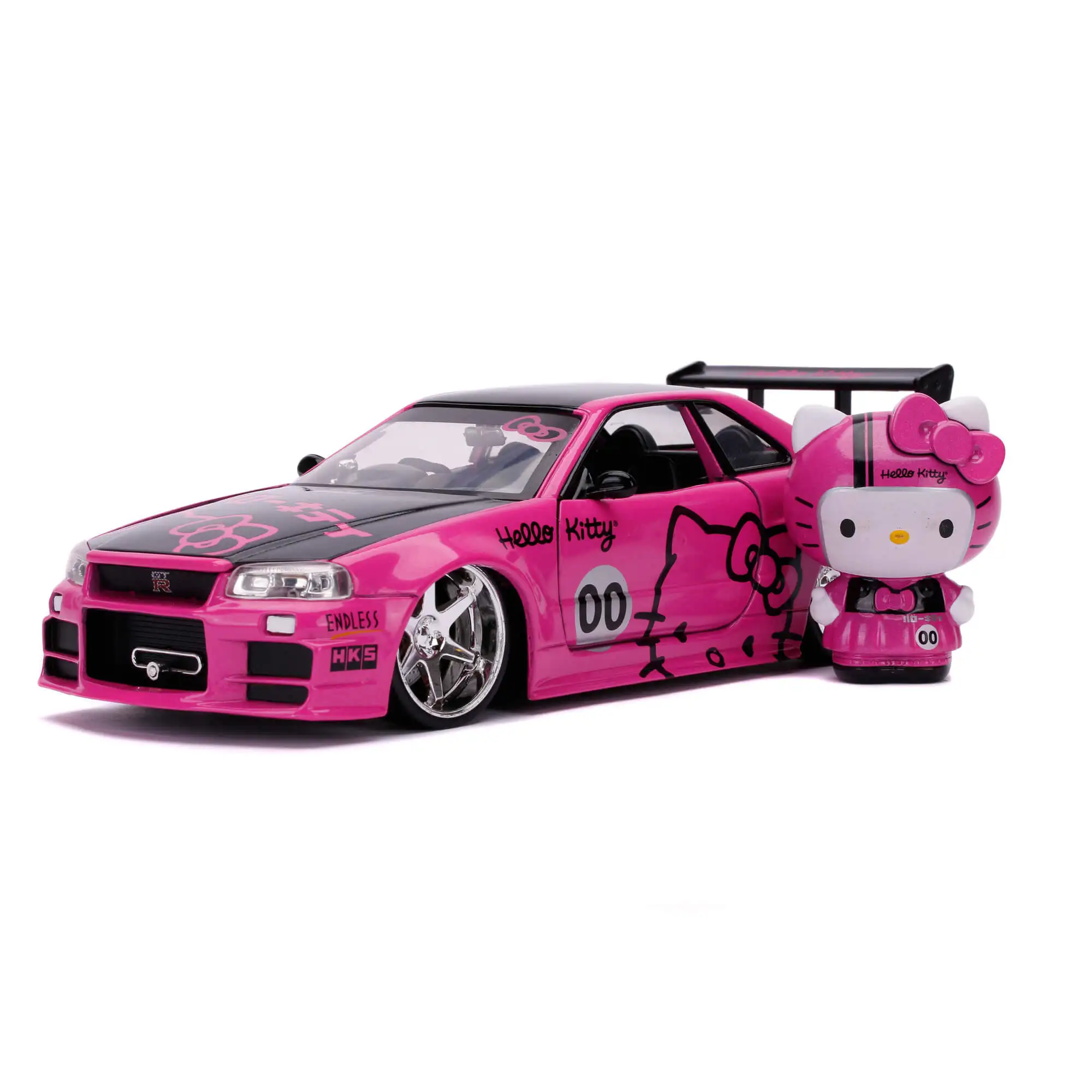 

Jada Toys 2002 GTR R34 Skyline Car Die-cast Opening Doors Boot & Bonnet Includes Kitty Figure 1:24 Scale Pink