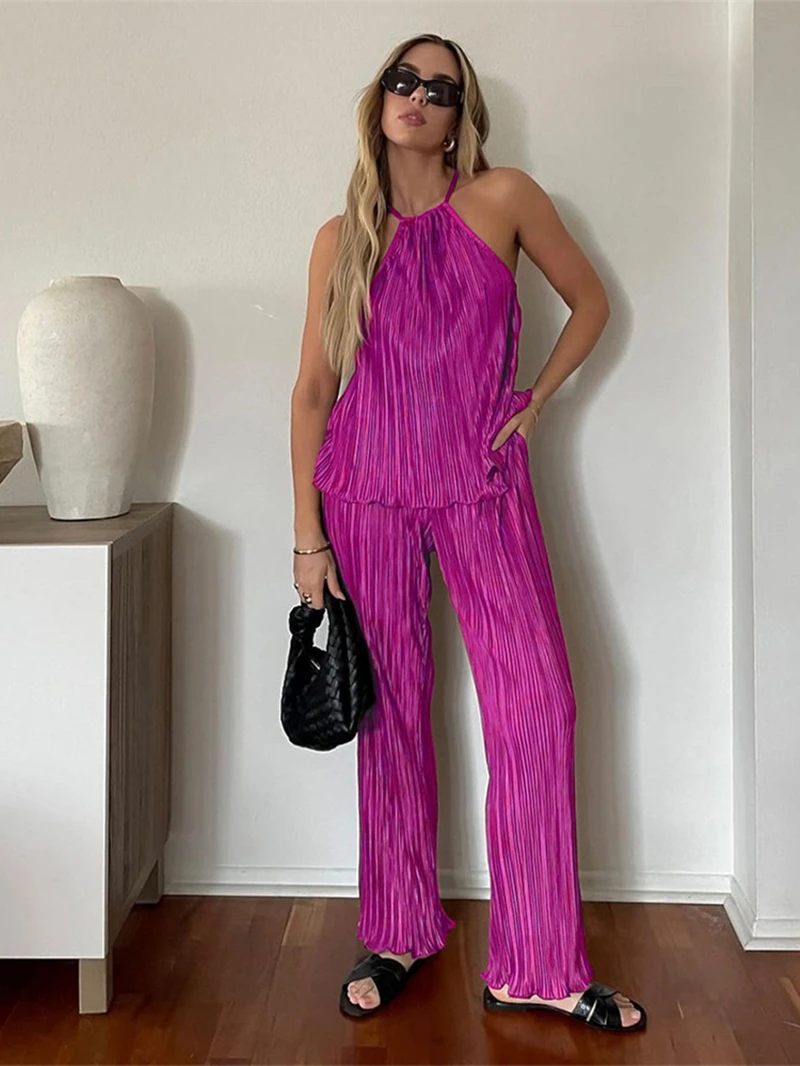 Pleated Trousers Suits Women Summer Clothing Halter Tank Top and Wide Leg Pants Suit Office Ladies Fashion Two Piece Set Outfits
Pleated Trousers Suits Women Summer Clothing Halter Tank Top and Wide Leg Pants Suit Office Ladies Fashion Two Piece Set Outfits
