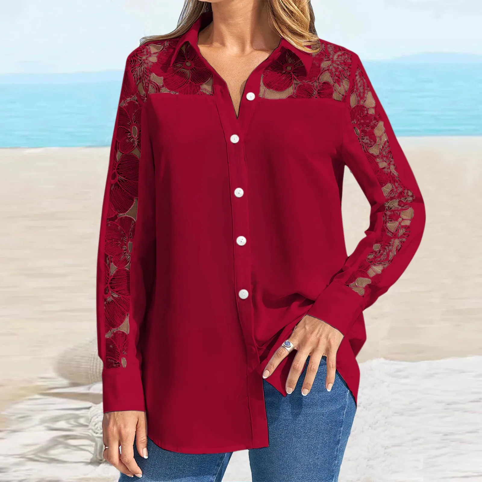 Spring Women's Lace Long Sleeve Shirt Loose Casual Wine Button Up Down Collar Top Blouse Woman Clothes
Spring Women's Lace Long Sleeve Shirt Loose Casual Wine Button Up Down Collar Top Blouse Woman Clothes
