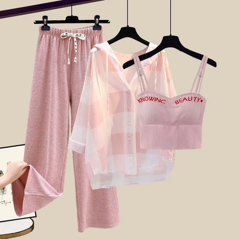 New Plaid Patchwork Chiffon Shirt Pink Suspender Wide Leg Pants Three-piece Elegant Women's Pants Set Summer Sportswear Outfits
New Plaid Patchwork Chiffon Shirt Pink Suspender Wide Leg Pants Three-piece Elegant Women's Pants Set Summer Sportswear Outfits