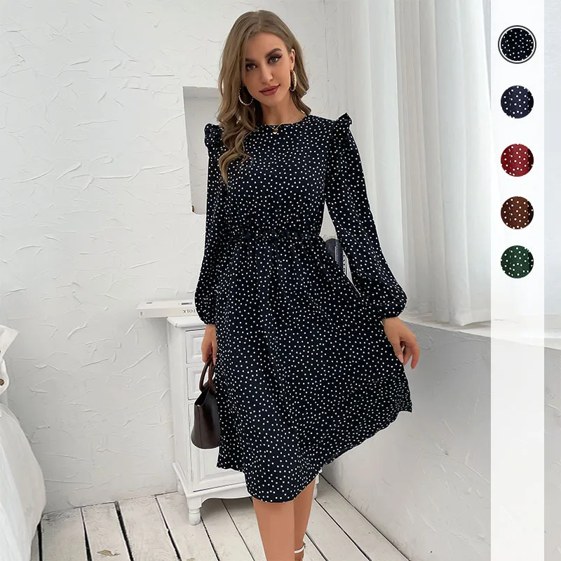 Autumn Winter Thin Fashion Polka Dot Dress Ruffle Long Sleeve Black Dark Green Polka Dot High Waist Long Sleeve A-Line Skirt
Autumn Winter Thin Fashion Polka Dot Dress Ruffle Long Sleeve Black Dark Green Polka Dot High Waist Long Sleeve A-Line Skirt
