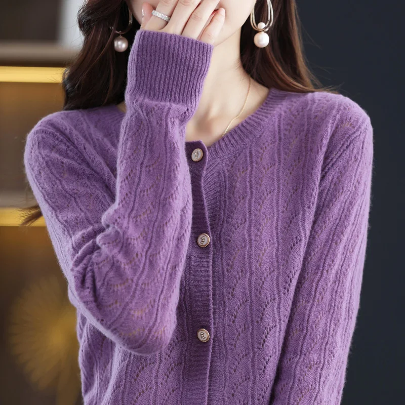 2023 Autumn/Winter New Hollow Out 100% Pure Wool Women's Cardigan Loose Round Neck Solid Color Long Sleeve Knitted Casual Sweate
2023 Autumn/Winter New Hollow Out 100% Pure Wool Women's Cardigan Loose Round Neck Solid Color Long Sleeve Knitted Casual Sweate