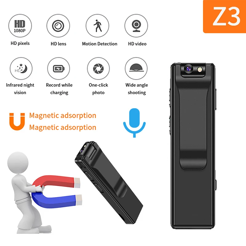 Z3 Lavalier Digital Camera Portable Magnetic Mini Body Camera 1080P HD Night Vision Micro Cam Audio Video Record Nanny Camcorder
Z3 Lavalier Digital Camera Portable Magnetic Mini Body Camera 1080P HD Night Vision Micro Cam Audio Video Record Nanny Camcorder