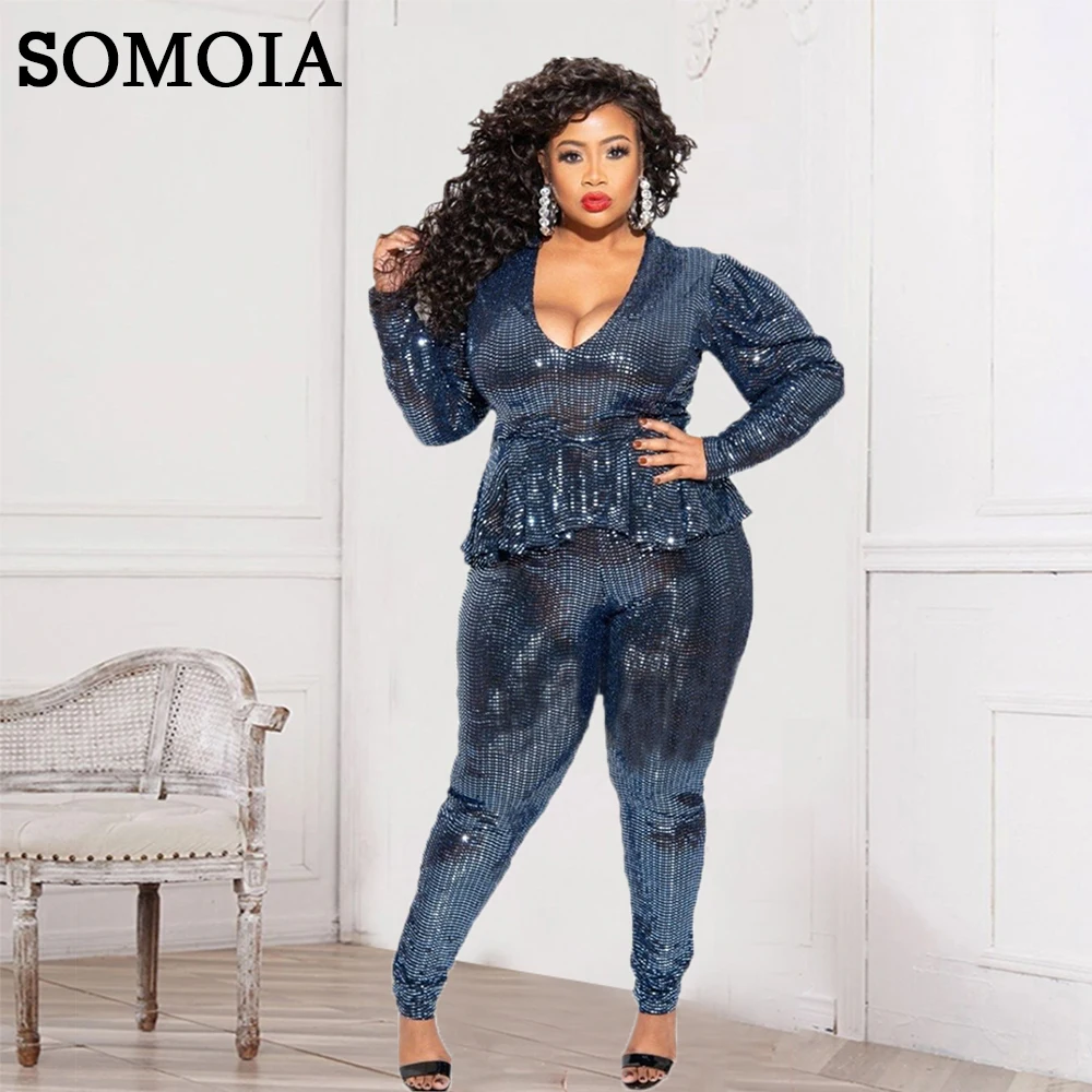 Plus Size Nightclub Bright Sequined Women 2 Piece Set Deep V Neck Sexy Long Sleeve Ruffles Hem Top High Waist Pencil Pants Sets
Plus Size Nightclub Bright Sequined Women 2 Piece Set Deep V Neck Sexy Long Sleeve Ruffles Hem Top High Waist Pencil Pants Sets