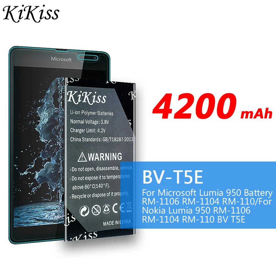 100% kikiss 4200mAh BV-T5E / BVT5E / BV T5E Batteries for Microsoft Lumia 950 Battery RM-1106 RM-1104 RM-110
100% kikiss 4200mAh BV-T5E / BVT5E / BV T5E Batteries for Microsoft Lumia 950 Battery RM-1106 RM-1104 RM-110