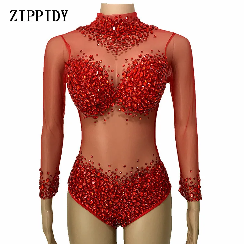 Women's Fashion Red Stones Mesh Bodysuit long Sleeves Stretch Sexy Perspective Stage Performance Celebrate luxurious outfit
Women's Fashion Red Stones Mesh Bodysuit long Sleeves Stretch Sexy Perspective Stage Performance Celebrate luxurious outfit