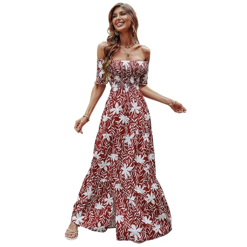 896E Women Summer Short Sleeve Sexy Off Shoulder Split Maxi Long Dress Boho Floral Print Shirred Ruffle Hem A-Line Sundress
896E Women Summer Short Sleeve Sexy Off Shoulder Split Maxi Long Dress Boho Floral Print Shirred Ruffle Hem A-Line Sundress