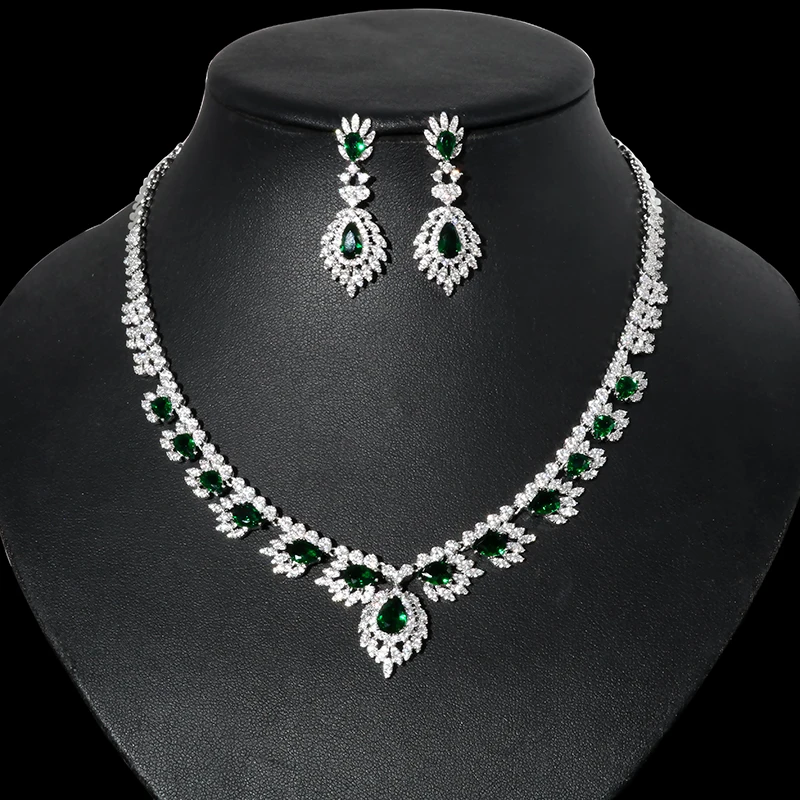 

HIBRIDE Classic Big Green Water Drop Cubic Zirconia Crystal Wedding Costume Necklace and Earrings Jewelry Sets for Brides N-934