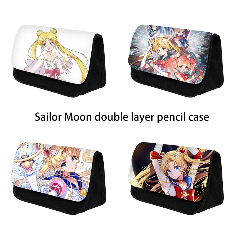 

Kawaii Sailor Moon Double Layer Pencil Case Pupils Stationery Girl High Capacity Ruler Gel Pen Storage Bag Durable Study Award