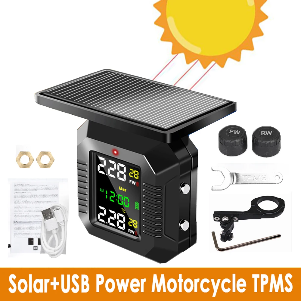 Solar Digital Motorcycles TPMS Tire Pressure Monitoring System Solar Power LCD Display USB Power Security Alarm 433.92mhz Sensor
Solar Digital Motorcycles TPMS Tire Pressure Monitoring System Solar Power LCD Display USB Power Security Alarm 433.92mhz Sensor