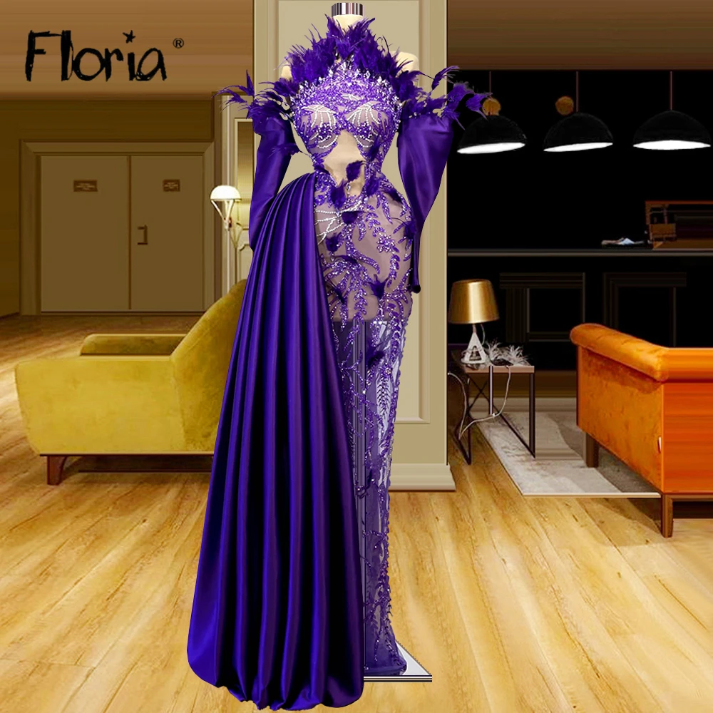 

Floria Luxury Feather Crystal Dubai Evening Dress with Detachable Train Mermaid Arabic Formal Dresses for Women Wedding Party