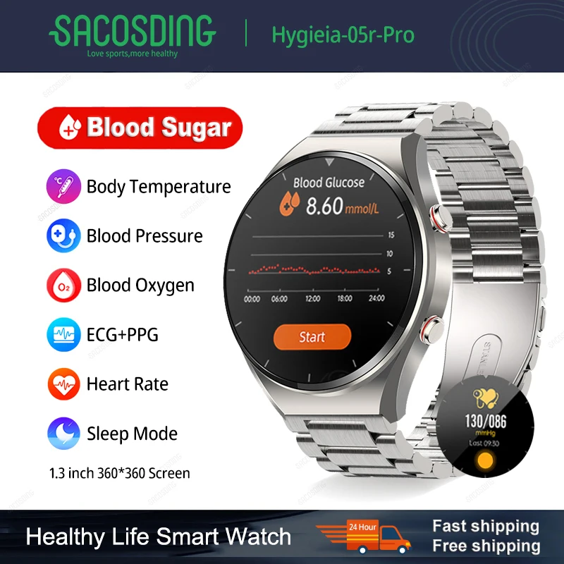 

2023 NonInvasive Blood Glucose Smart Watch Men Full Touch Screen Sport Watch ECG+PPG Health Bluetooth Smartwatch Hygieia-05r-Pro