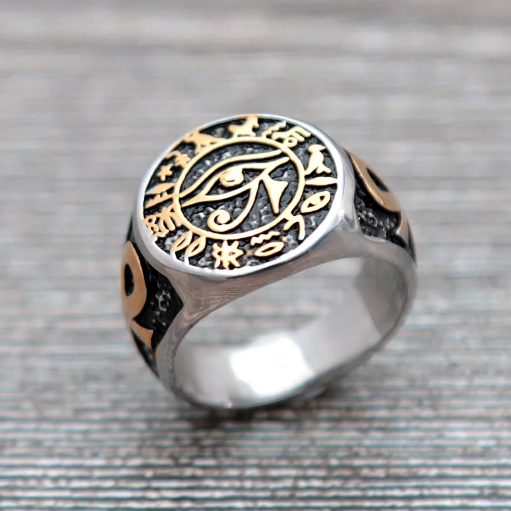 

Vintage Egyptian Eye of Horus Ring Mysterious Ancient Egypt Text Symbol Ankh Rings for Men Stainless Steel Punk Jewelry Gift