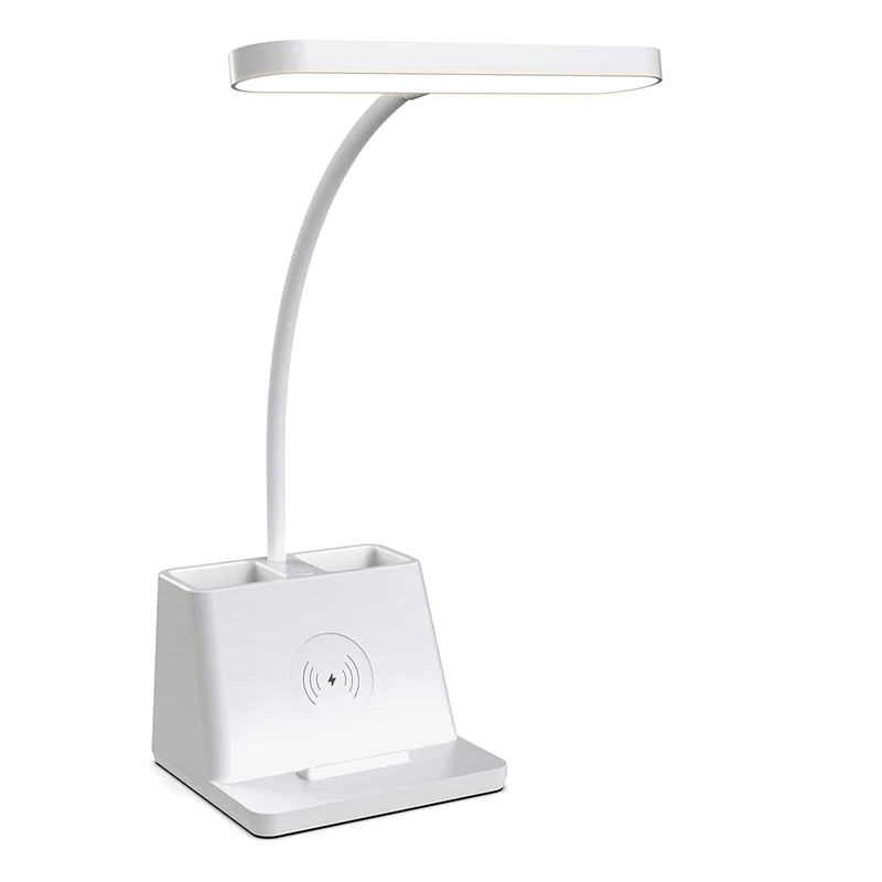 

Desk Lamp With Wireless Charger, White Gooseneck Desktop Lamp, Study Lamps For Bedrooms -Desk Lights For Home Office