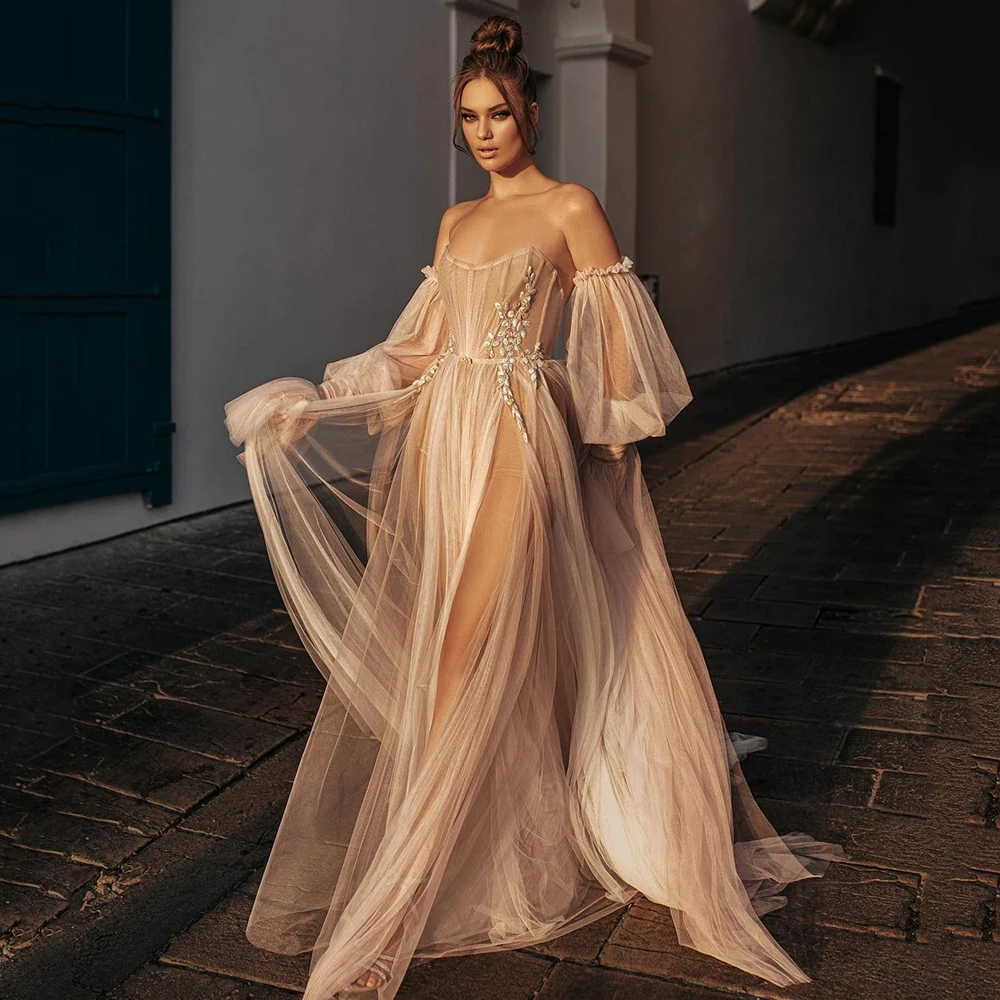 

Champagne Sexy Tulle Brides Dresses Long Puffy Sleeves Bridal Gowns High Slit Appliques Wedding Dress Vestido De Noiva