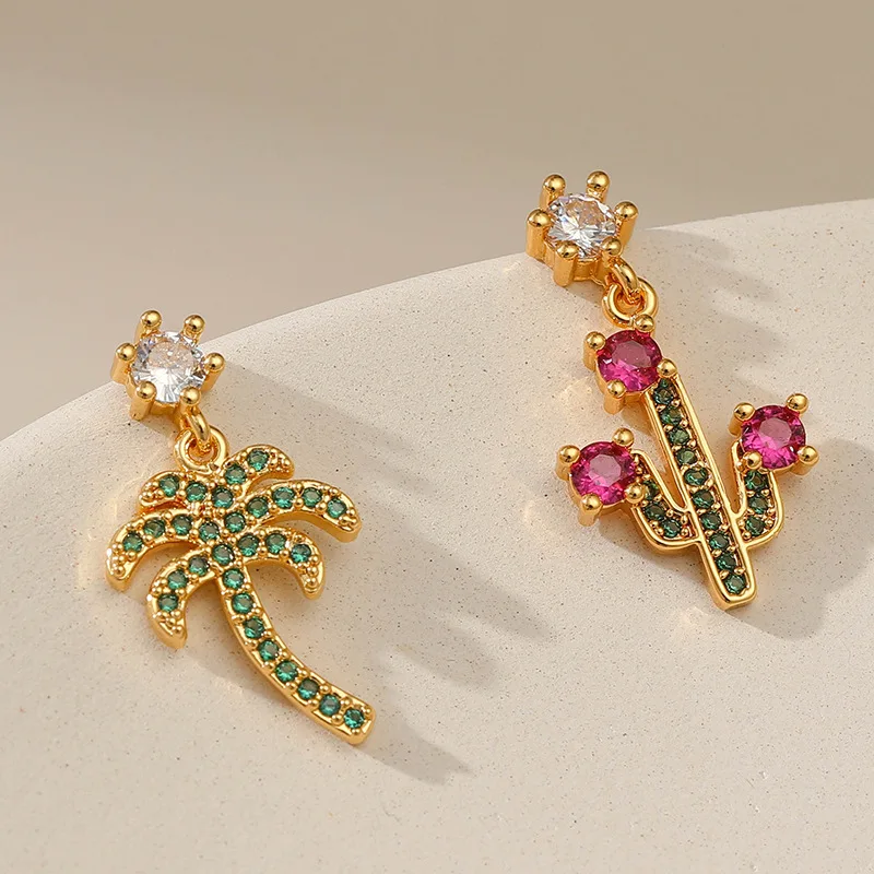 

Summer New Colorful Zircon Pendant Earrings for Women Fashion Cactus Coconut Design Statement Earrings Women's Ear Jewelry