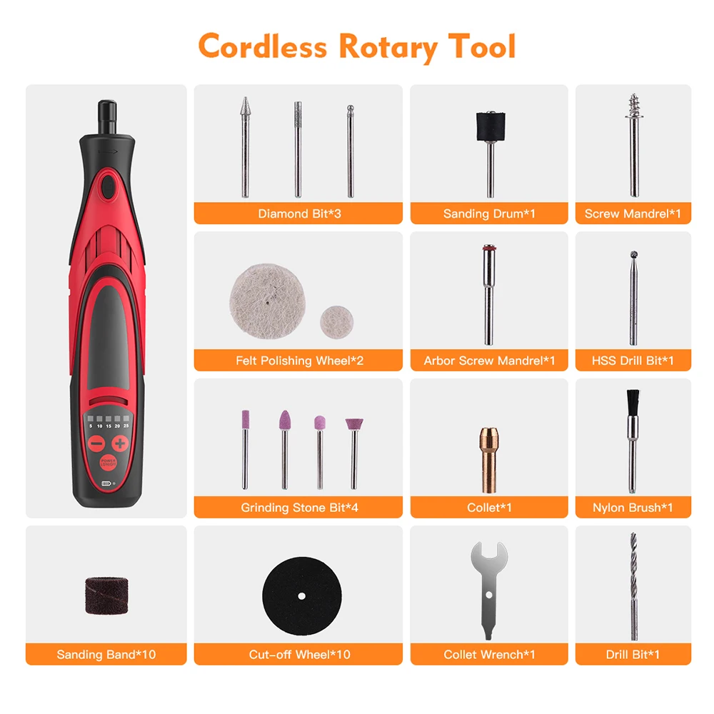 Набор для шлифовки, 7,4 В, 4 светодиода, 5 скоростей, 5000-25000 об./мин.
Набор для шлифовки, 7,4 В, 4 светодиода, 5 скоростей, 5000-25000 об./мин.