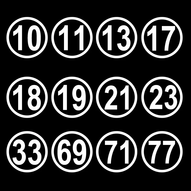 CK20991 # без фона, гоночный номер 10 11 13 17 23 69 77, круглая Автомобильная наклейка, водонепроницаемая виниловая наклейка, наклейка для мотоцикла
CK20991 # без фона, гоночный номер 10 11 13 17 23 69 77, круглая Автомобильная наклейка, водонепроницаемая виниловая наклейка, наклейка для мотоцикла