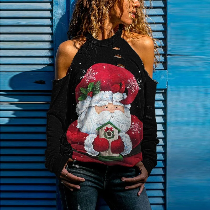 2022 New Christmas Women's Wear Ripped Hollow Long-sleeved T-shirt Top with Off-the-shoulder Christmas Theme Printed Top.
2022 New Christmas Women's Wear Ripped Hollow Long-sleeved T-shirt Top with Off-the-shoulder Christmas Theme Printed Top.