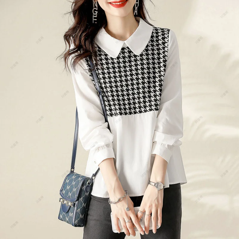 Vintage Printed Houndstooth Spliced Long Sleeve Oversized Peter Pan Collar Shirt Casual Pullovers Loose Commute Women's Blouse
Vintage Printed Houndstooth Spliced Long Sleeve Oversized Peter Pan Collar Shirt Casual Pullovers Loose Commute Women's Blouse