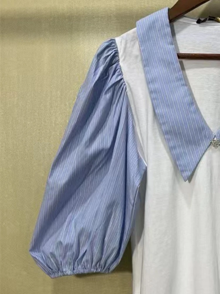 Женская футболка в полоску, с пышными рукавами и воротником «Питер Пэн»
Женская футболка в полоску, с пышными рукавами и воротником «Питер Пэн»