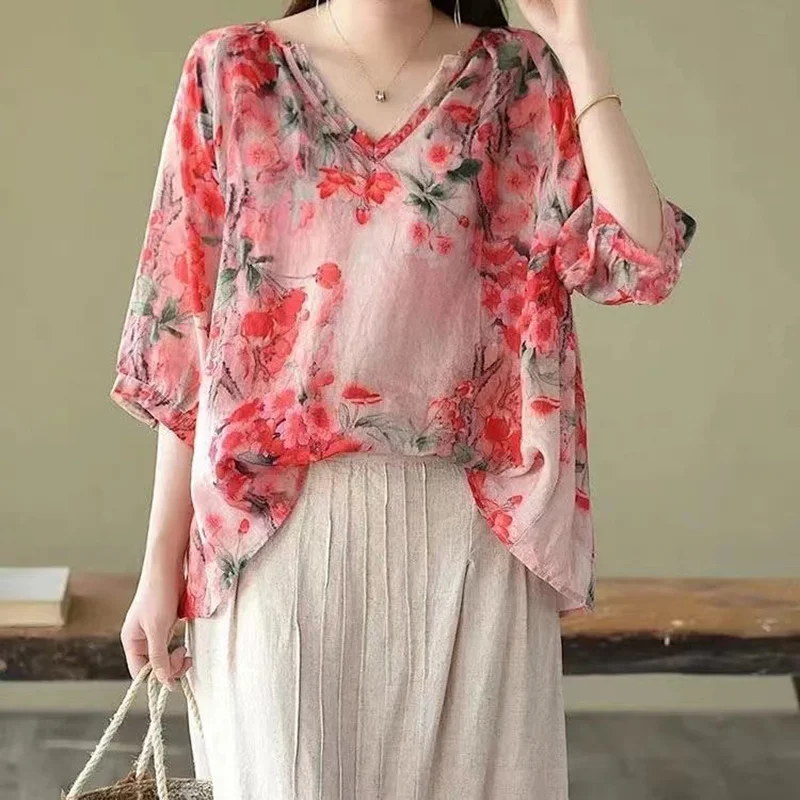 Spring Summer Retro Print Cotton Linen Tops Literature And Art Loose Vneck Shirts Sun Protection Women's Clothing
Spring Summer Retro Print Cotton Linen Tops Literature And Art Loose Vneck Shirts Sun Protection Women's Clothing
