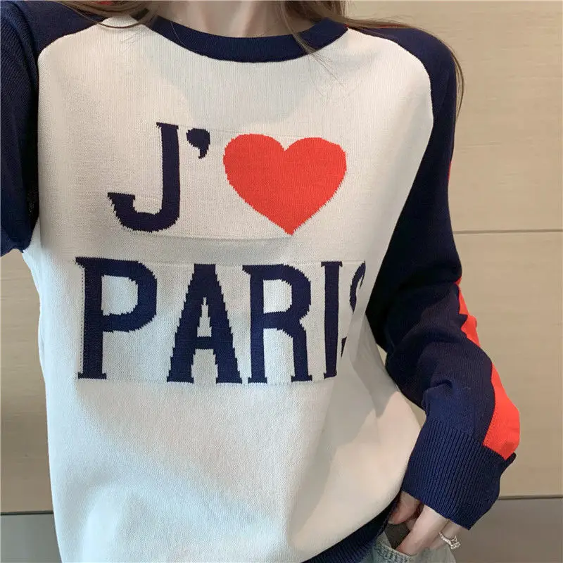 

Ins Contrast Raglan Sleeves PARIS Love Embroidery Sweater Women Streetwear Knitted Tops New Spring Winter Clothes Korean Fashion