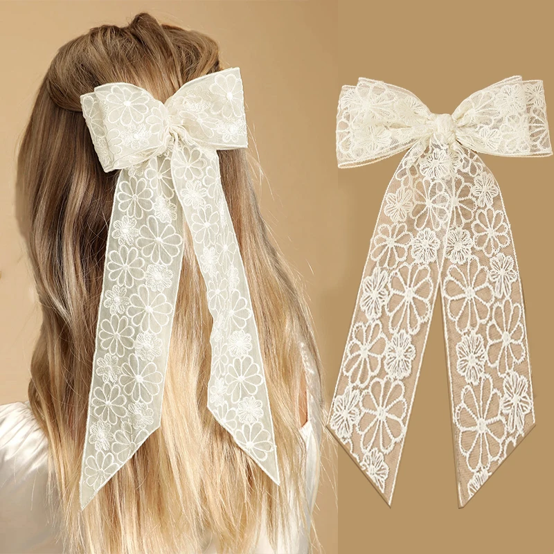 New Lace Embroidery Flower Big Bow Hairpin Sweet Temperament Streamer Hair Clips Women Girls Solid Trendy Large Hair Accessories 
New Lace Embroidery Flower Big Bow Hairpin Sweet Temperament Streamer Hair Clips Women Girls Solid Trendy Large Hair Accessories