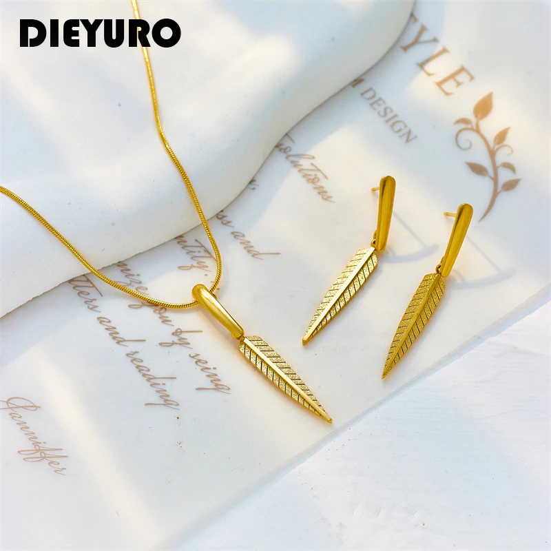 

DIEYURO 316L Stainless Steel Gold Color Feather Leaf Pendant Necklace Earrings For Women Fashion Girls Jewelry Set Birthday Gift