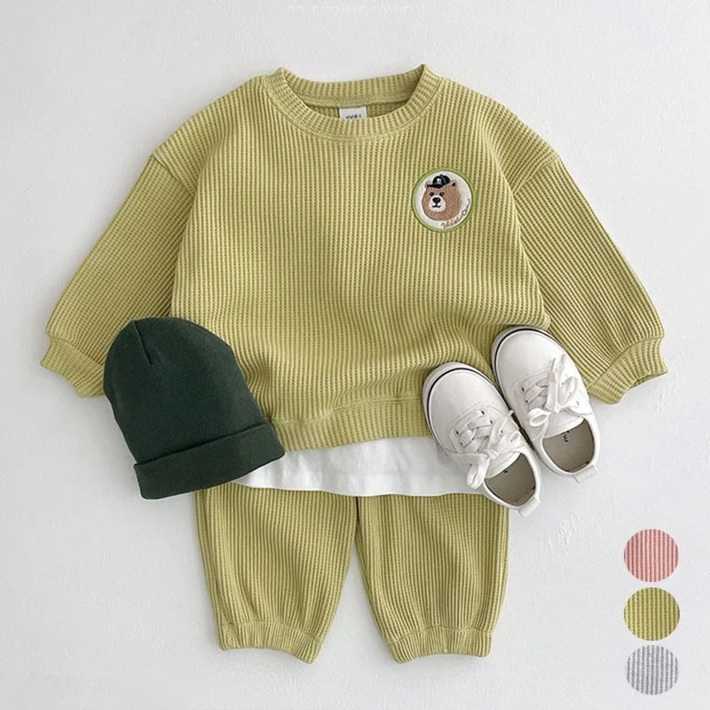 2022 Autumn Toddler Children Mock Two-piece Waffle Cotton Clothing Sets Baby Tracksuit Kids Boys Girls Tops + Pants Clothes Suit |