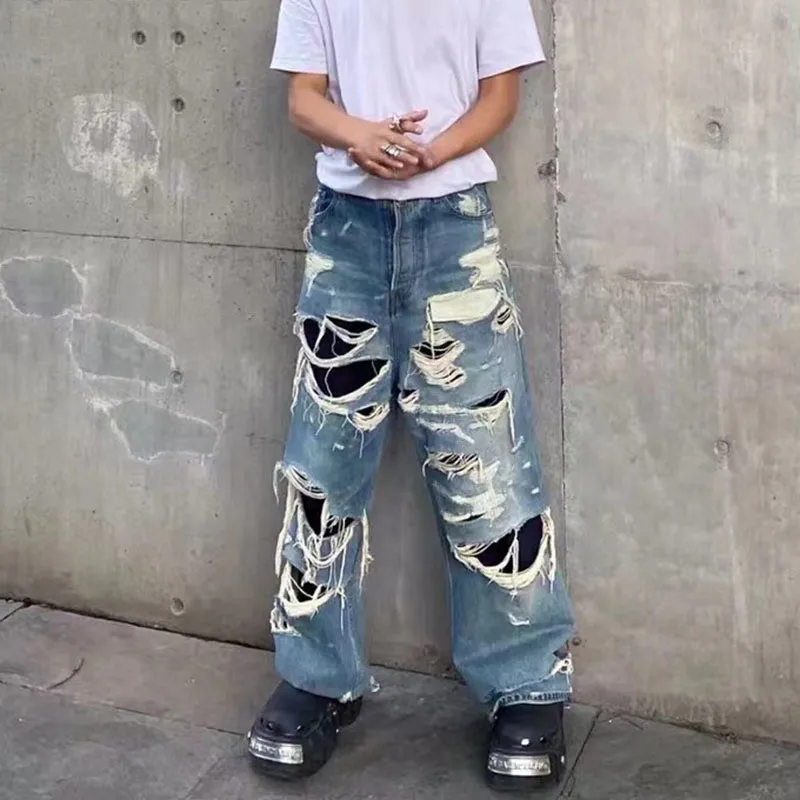 

Style Oversize Denim Trousers Street Fashion Hip Jeans Destroyed Ripped Vibe Pants Fit Distressed Bottoms Hop Men's Loose Hi